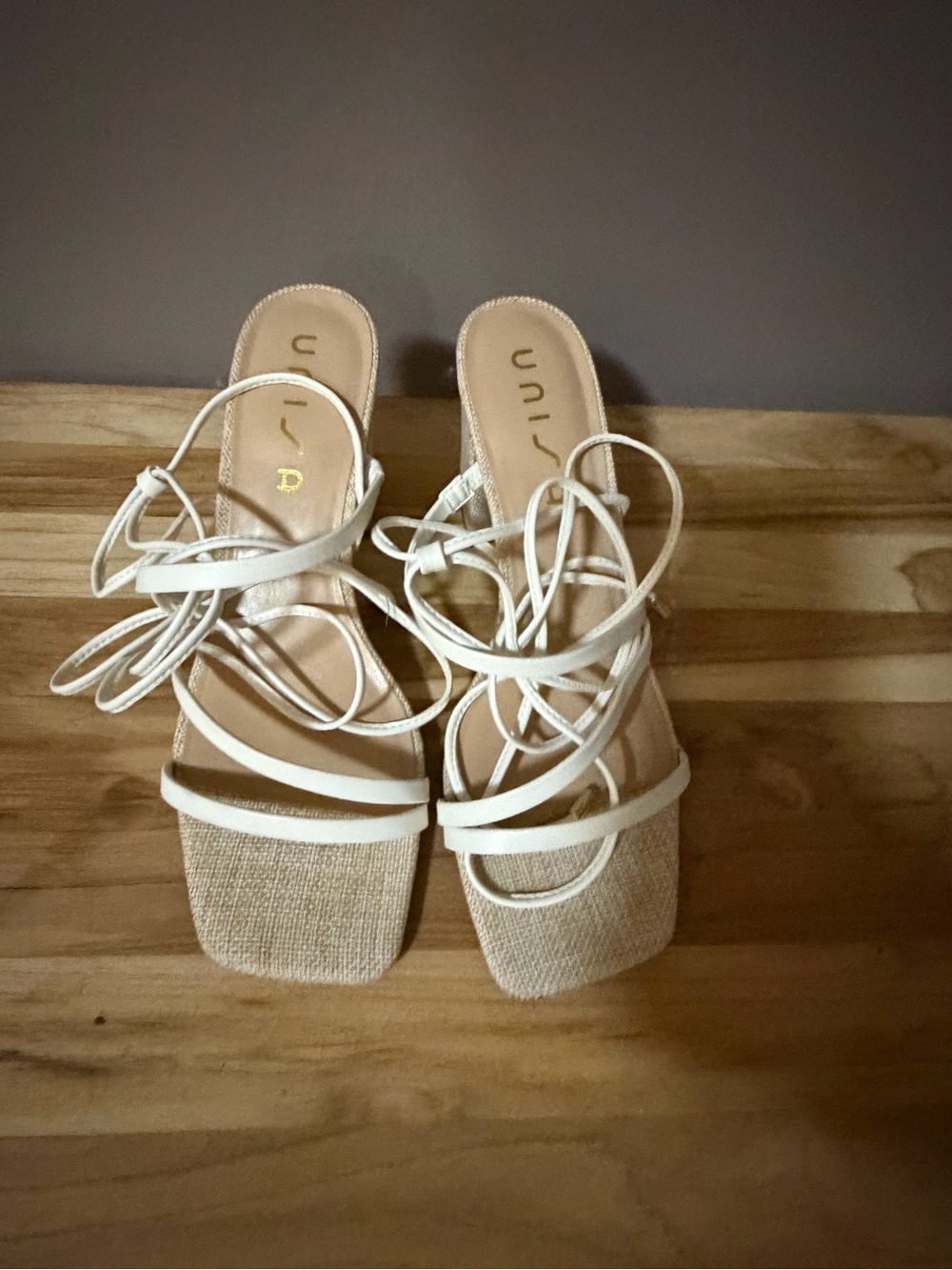 Unisa Cream Lace-Up Strappy Square-Toe Heels